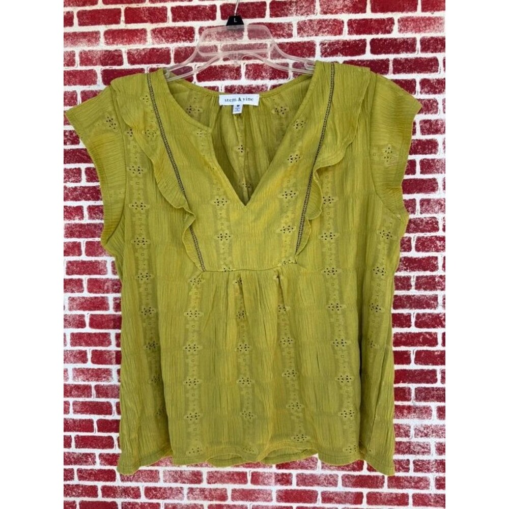 Olive Green Eyelet Ruffle V Neck Blouse